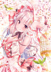 Rule 34 | 1girl, animal, animal ears, armpits, arms up, bare shoulders, bird, birdcage, black bow, blurry, blurry background, bow, breasts, cage, cat ears, cherry blossoms, cleavage, collarbone, commentary request, depth of field, dress, flower, grin, key, long hair, looking at viewer, medium breasts, nemuri nemu, original, pleated dress, red eyes, silver hair, sleeveless, sleeveless dress, smile, solo, very long hair, white dress, white flower, wrist cuffs