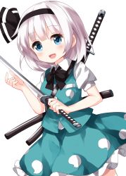 Rule 34 | 1girl, black bow, black bowtie, black hairband, blue eyes, blunt bangs, bow, bowtie, collared shirt, cowboy shot, frilled skirt, frills, ghost print, green skirt, green vest, hairband, highres, holding, holding sword, holding weapon, katana, konpaku youmu, open mouth, puffy short sleeves, puffy sleeves, ruu (tksymkw), sheath, sheathed, shirt, short hair, short sleeves, simple background, skirt, smile, solo, standing, sword, sword behind back, touhou, vest, weapon, white background, white hair, white shirt
