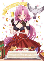 Rule 34 | 1girl, ;d, ahoge, alcohol, animal, artist name, bare shoulders, basket, bird, birthday, birthday cake, birthday party, black gloves, blunt bangs, bottle, bow, breasts, brown hair, cake, champagne flute, chiba sadoru, cleavage, collarbone, confetti, cookie, copyright notice, cross, cross necklace, cup, curly hair, dot nose, dress, drink, drinking glass, earrings, feet out of frame, floating hair, flying, food, frilled dress, frills, fur-trimmed dress, fur trim, gakkou gurashi!, gloves, hair intakes, hand to own mouth, hands up, highres, holding, holding cup, holding drink, jewelry, lace, lace-trimmed gloves, lace gloves, lace trim, large breasts, layered dress, long hair, looking at viewer, low ponytail, necklace, off-shoulder dress, off shoulder, official art, one eye closed, open mouth, parted bangs, party, pigeon, pink hair, print dress, red dress, ringlets, sakura megumi, sash, shiny skin, sidelocks, sleeveless, sleeveless dress, smile, solo, sparkle, standing, stud earrings, table, tareme, taroumaru (gakkou gurashi), teeth, tray, very long hair, whipped cream, white background, white bow, white sash