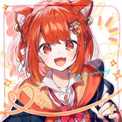 Rule 34 | 1girl, animal ear fluff, animal ears, blush, bow, bowtie, braid, cat ears, cat girl, cat hair ornament, fang, hair ornament, hood, hoodie, jacket over hoodie, looking at viewer, nijisanji, ninahachi, open mouth, orange eyes, orange hair, orange hoodie, ratna petit, red bow, red bowtie, side braid, skin fang, smile, solo, virtual youtuber