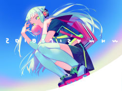 Rule 34 | 1girl, backpack, bag, black skirt, blue hair, blue sky, blue thighhighs, blowing bubbles, chewing gum, commentary request, copyright request, dated, floating hair, green eyes, headphones, legs together, long hair, looking at viewer, sailor collar, shoes, short sleeves, skirt, sky, solo, squatting, thighhighs, yamakawa