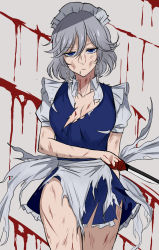 Rule 34 | 1girl, :|, apron, blood, blood on clothes, blood on face, blood on hands, blood splatter, blue eyes, braid, breasts, cleavage, closed mouth, collared shirt, dripping, expressionless, highres, holding, holding knife, injury, izayoi sakuya, knife, looking at viewer, maid, maid headdress, medium breasts, puffy short sleeves, puffy sleeves, sash, shirt, short sleeves, silver hair, solo, soregashi (nobuyoshi-numa2), standing, thighs, torn apron, torn clothes, touhou, twin braids, white sash, wing collar