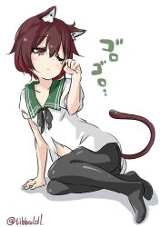 Rule 34 | 10s, 1girl, ahoge, animal ears, arm support, arm up, bad id, bad twitter id, black pantyhose, blush, cat ears, cat tail, closed mouth, collarbone, ebifurya, eyebrows, full body, gradient hair, hair between eyes, highres, inactive account, kantai collection, kemonomimi mode, multicolored hair, mutsuki (kancolle), navel, no pants, no shoes, one eye closed, panties, panties under pantyhose, pantyhose, red eyes, red hair, school uniform, serafuku, shadow, short sleeves, simple background, sitting, solo, tail, tears, twitter username, two-tone hair, underwear, white background