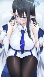 Rule 34 | 1girl, black hair, black pantyhose, blue archive, blue eyes, blue halo, blue necktie, blush, breasts, cafenami, closed mouth, gloves, halo, highres, large breasts, long hair, necktie, pantyhose, pointy ears, rin (blue archive), solo, white gloves