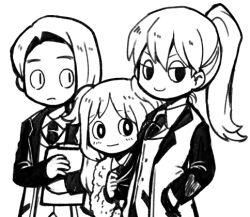 Rule 34 | 1boy, 2girls, closed mouth, coat, collared shirt, commentary request, e.g.o (project moon), employee (project moon), fur jacket, greyscale, hands in pockets, hatake shimeji, jacket, lobotomy corporation, long hair, long sleeves, lowres, monochrome, multiple girls, necktie, no nose, open clothes, open coat, ponytail, project moon, shirt, short hair, simple background, sketch, smile, two side up, v-shaped eyebrows, vest, white background