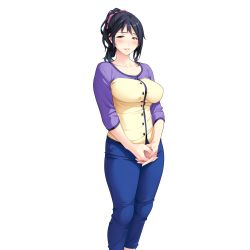 Rule 34 | 1girl, black hair, blush, brown eyes, denim, high ponytail, highres, jeans, looking at viewer, mama no oppai, mikimoto ayame, nagayori, non-web source, official art, own hands together, pants, parted lips, sleeves past elbows, solo, translation request, transparent background, v arms