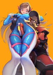 Rule 34 | 1boy, 1girl, absurdres, beard, blush, bodysuit, grabbing another&#039;s breast, breasts, brown eyes, brown hair, covered erect nipples, curvy, d.va (overwatch), eyepatch, facial hair, gloves, grabbing, han-0v0, headphones, hetero, highres, imminent rape, knees together feet apart, long hair, mask, mask on head, mechanical arms, mustache, old, old man, open mouth, overwatch, overwatch 1, pilot suit, rape face, sexually suggestive, single mechanical arm, thigh sex, torbjorn (overwatch), welding mask, wide hips, you gonna get raped