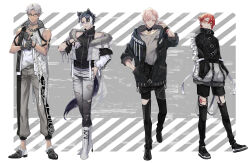 Rule 34 | 4boys, :/, adjusting clothes, adjusting gloves, alternate costume, alternate hairstyle, animal ears, arm strap, arm tattoo, arurandeisu, asymmetrical sleeves, barcode, belt, black choker, black footwear, black gloves, black hair, black jacket, black pants, black shirt, boots, border, bracelet, chain, chain necklace, choker, closed mouth, clothing cutout, cropped jacket, cross-laced footwear, cutout gloves, ear piercing, earrings, facial mark, full body, fur-trimmed jacket, fur trim, glasses, gloves, gradient clothes, gradient pants, green eyes, grey background, grey hair, grey pants, grey shirt, grin, hair behind ear, hair between eyes, hair ornament, hair over one eye, hairclip, half gloves, half updo, hanasaki miyabi, hand in pocket, hand on own hip, hand up, hands in pockets, high collar, high heel boots, high heels, holostars, hood, hood down, hooded jacket, jackal boy, jackal ears, jackal tail, jacket, jewelry, kageyama shien, kicori, lace-up boots, leg cutout, leg tattoo, loafers, long sleeves, looking at viewer, male focus, multicolored clothes, multicolored hair, multicolored jacket, multiple boys, necklace, o-ring, off shoulder, official art, open clothes, open jacket, outside border, padded jacket, pants, parted bangs, parted lips, partially unzipped, patterned clothing, pendant choker, piercing, pink hair, print pants, red hair, rikka (holostars), shirt, shoes, short hair, single earring, single glove, sleeveless, sleeveless jacket, sleeveless shirt, sleeves rolled up, smile, sneakers, standing, tan, tattoo, toned, toned male, torn clothes, torn pants, two-tone hair, two-tone jacket, uneven sleeves, v-shaped eyebrows, virtual youtuber, white border, white footwear, white hair, white jacket, white shirt, wristband, yellow eyes, zipper, zipper pull tab