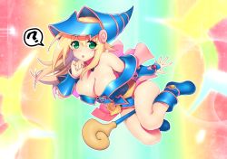 Rule 34 | 1girl, ?, bare shoulders, between thighs, blonde hair, blue footwear, blue hat, blush, blush stickers, breasts, d.chikusou, dark magician girl, duel monster, fingernails, floating, green eyes, hair between eyes, hat, long hair, off shoulder, outline, solo, sparkle, speech bubble, wand, white outline, yu-gi-oh!
