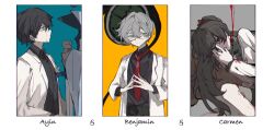 Rule 34 | 1girl, 2boys, ayin (project moon), benjamin (project moon), black hair, black shirt, blood, bloodbath (project moon), brown hair, carmen (project moon), closed mouth, coat, collared shirt, glasses, green eyes, green shirt, he (minty), high ponytail, highres, lab coat, lobotomy corporation, long hair, long sleeves, looking to the side, multiple boys, necktie, project moon, red eyes, red necktie, shirt, simple background, sword, the price of silence, very long hair, weapon, white background, white coat, yellow eyes