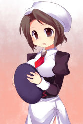 Rule 34 | 00s, 1girl, :d, apron, beret, breasts, brown eyes, brown hair, gradient background, hat, holding, juliet sleeves, large breasts, long sleeves, looking at viewer, open mouth, puffy long sleeves, puffy sleeves, shannon (umineko), simple background, smile, solo, subaru (yachika), tray, umineko no naku koro ni, upper body