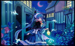 Rule 34 | 1girl, aqua eyes, aqua hair, blue theme, bow, bubble, capelet, city, crescent moon, dress, female focus, fish, flower, flying fish, hara yui, hatsune miku, headdress, lantern, long hair, looking back, mikumix, moon, nature, night, outdoors, red moon, reflection, rose, scenery, sky, solo, surreal, twintails, very long hair, vocaloid, wallpaper