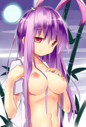 Rule 34 | 1girl, animal ears, bamboo, bamboo forest, breasts, rabbit ears, female focus, forest, large breasts, long hair, mikan (bananoha), moon, nature, nipples, no bra, open clothes, open shirt, puffy nipples, purple hair, reisen udongein inaba, sad, shirt, solo, touhou, upper body