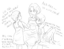 Rule 34 | 3girls, artist request, bad proportions, character request, crossdressing, drawfag, eren yeager, female focus, mikasa ackerman, monochrome, multiple girls, poorly drawn, shingeki no kyojin, sitting, source request, standing, white background