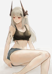 Rule 34 | 1girl, absurdres, ahong, arknights, bare arms, bare legs, bare shoulders, breasts, chinese commentary, cleavage, commentary request, crop top, feet out of frame, grey background, highres, horns, long hair, material growth, medium breasts, midriff, mudrock (arknights), navel, oripathy lesion (arknights), parted lips, pointy ears, red eyes, short shorts, shorts, silver hair, simple background, sitting, solo, sports bra, stomach, thighs