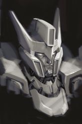 Rule 34 | 1boy, absurdres, autobot, black background, close-up, commentary, drift (transformers), english commentary, greyscale, highres, looking at viewer, mecha, monochrome, nem (virtual nemesis), no humans, robot, science fiction, solo, transformers, white eyes
