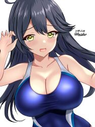 Rule 34 | 1girl, black hair, blue one-piece swimsuit, blush, breasts, brown eyes, competition swimsuit, covered navel, dated, hair between eyes, highres, kantai collection, large breasts, long hair, looking at viewer, montemasa, one-piece swimsuit, open mouth, simple background, smile, solo, swimsuit, twitter username, two-tone swimsuit, upper body, ushio (kancolle), white background