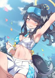Rule 34 | 1girl, animal ears, armpits, black hair, blue archive, blue sky, blush, breasts, cheerleader, cleavage, cloud, confetti, crop top, day, dog ears, dog girl, dog tail, eyewear on head, goggles, goggles on head, halo, hibiki (blue archive), hibiki (cheer squad) (blue archive), highres, long hair, looking at viewer, medium breasts, midriff, millennium cheerleader outfit (blue archive), navel, outdoors, pleated skirt, pom pom (cheerleading), ponytail, shinopoko, skirt, sky, solo, sweat, tail, white skirt