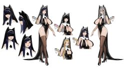 Rule 34 | 4girls, breasts, character sheet, huge breasts, large breasts, medium breasts, multiple girls, nun, pelvic curtain, revealing clothes, simple background, tagme, variations, white background