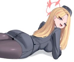 Rule 34 | 1girl, absurdres, ass, black hat, blonde hair, blue archive, blue eyes, breasts, collared shirt, dndosld73832, fang, gloves, hair down, halo, hat, highres, large breasts, long hair, long sleeves, looking at viewer, multicolored hair, official alternate costume, official alternate hairstyle, open mouth, pantyhose, pina (blue archive), pina (guide) (blue archive), red hair, red halo, shirt, skin fang, skirt, smile, solo, streaked hair, white gloves