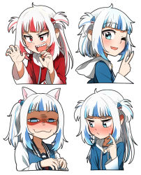 Rule 34 | 1girl, animal ears, blue eyes, blue hair, blunt bangs, blush, cat ears, ddolbang, gawr gura, gawr gura (1st costume), gawr gura (casual), highres, hololive, hololive english, looking at viewer, multicolored hair, open mouth, red eyes, red hair, reflect (gawr gura), shaded face, sharp teeth, smile, streaked hair, tail, teeth, virtual youtuber, white hair
