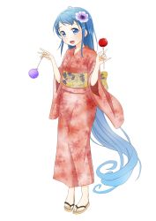 Rule 34 | 10s, 1girl, :d, absurdly long hair, alternate costume, blue eyes, blue hair, candy apple, flower, food, full body, hair flower, hair ornament, highres, japanese clothes, kantai collection, kimono, long hair, looking at viewer, matching hair/eyes, obi, open mouth, red kimono, samidare (kancolle), sandals, sash, shimazaki mujirushi, simple background, smile, solo, standing, transparent background, very long hair, white background, yukata