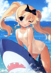 Rule 34 | 1girl, absurdres, blonde hair, blue eyes, bow, covered erect nipples, day, hair bow, highres, inflatable toy, jiji (aardvark), long hair, looking at viewer, ocean, one-piece swimsuit, one eye closed, open mouth, original, outdoors, school swimsuit, see-through, shark, solo, swimsuit, twintails, white school swimsuit, white one-piece swimsuit, wink