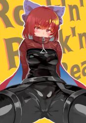 Rule 34 | 1girl, adapted costume, akatsuki records, black bodysuit, blush, bodysuit, bow, breasts, cameltoe, cloak, closed mouth, commentary, english text, gloves, gomeifuku, hair bow, highres, latex, latex bodysuit, latex gloves, latex suit, looking at viewer, medium breasts, red cloak, red eyes, red hair, ribbon-trimmed bow, rock &#039;n&#039; rock &#039;n&#039; beat, sekibanki, short hair, solo, touhou, two-tone cape, yellow background, zipper