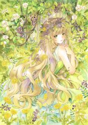 Rule 34 | 1girl, absurdres, blonde hair, branch, chrysanthemum, colored eyelashes, commentary request, dandelion, dress, elbow rest, flower, foliage, green eyes, hair flower, hair ornament, highres, interlocked fingers, leaf, long hair, looking at viewer, mori girl, open mouth, original, painting (medium), plant, rose, sleeveless, solo, traditional media, turning head, watercolor (medium), white flower, white rose, yellow flower, yuyuharu 1027