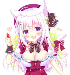 Rule 34 | 1girl, :d, ahoge, animal ears, beret, bitter crown, black bow, blush, bow, breasts, cat ears, cat girl, cat tail, cleavage, commentary request, diagonal-striped bow, fang, food, fruit, hair ornament, hairclip, hat, head tilt, heart, holding, holding food, long hair, looking at viewer, medium breasts, open mouth, original, puffy short sleeves, puffy sleeves, purple eyes, red bow, red hat, shirt, short sleeves, smile, solo, strawberry, striped, striped bow, tail, tail bow, tail ornament, tail raised, upper body, white hair, white shirt, wrist cuffs