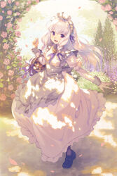 Rule 34 | 1girl, apron, basket, black footwear, blush, commentary request, dress, fire emblem, fire emblem: three houses, fire emblem heroes, flower, food, grey apron, hair between eyes, hair ribbon, holding, holding basket, long hair, long sleeves, looking at viewer, lysithea von ordelia, lysithea von ordelia (tea party), maid headdress, nerikiri6, nintendo, official alternate costume, official alternate hairstyle, open mouth, outdoors, petals, pink flower, pink rose, purple ribbon, red eyes, ribbon, rose, shadow, shoes, smile, solo, sunlight, tree, waist apron, white dress, white hair