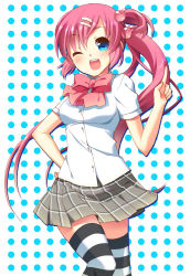 Rule 34 | 1girl, ;d, blue eyes, bow, dress shirt, hair bobbles, hair ornament, little busters!, long hair, one eye closed, open mouth, pink bow, plaid, plaid skirt, purple hair, saigusa haruka, school uniform, shirt, side ponytail, skirt, smile, solo, striped clothes, striped thighhighs, thighhighs, touon, wink