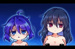 Rule 34 | 2girls, ahoge, blue background, blue eyes, blue hair, closed mouth, collarbone, hair between eyes, iizunamaru megumu, letterboxed, long hair, looking at viewer, looking to the side, multiple girls, no headwear, nude, outer glow, parted lips, pasties, pote (ptkan), red eyes, simple background, tearing up, tenkyuu chimata, touhou, triangle mouth