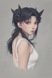 Rule 34 | 1girl, black hair, blue eyes, brown background, cropped torso, dress, earrings, fate/stay night, fate (series), from side, hair ribbon, highres, jewelry, lips, looking at viewer, miura-n315, parted lips, profile, realistic, ribbon, simple background, solo, stud earrings, tohsaka rin, two side up, white dress