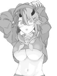 Rule 34 | 1girl, @ @, arms up, beret, breasts, commentary request, cross, cross earrings, demon girl, demon horns, earrings, greyscale, hair between eyes, hat, highres, horns, jewelry, kenketsu50, large breasts, long sleeves, looking at viewer, midriff, monochrome, multicolored hair, nanashi inc., navel, neckerchief, official alternate costume, open mouth, ryugasaki rene, ryugasaki rene (3rd costume), school uniform, serafuku, short hair, simple background, solo, sugar lyric, two-tone hair, underboob, upper body, virtual youtuber