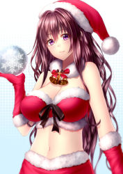 Rule 34 | 1girl, bell, neck bell, blush, breasts, brown hair, christmas, collar, elbow gloves, gloves, halftone, halftone background, hat, holding, jingle bell, kai (link2262), large breasts, long hair, looking at viewer, navel, original, purple eyes, red gloves, ribbon, santa costume, santa hat, smile, snowflakes, solo