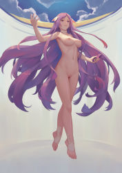 Rule 34 | 1girl, bigrbear, breasts, choker, cleft of venus, completely nude, crystal, feet, full body, highres, holding, large breasts, long hair, looking at viewer, navel, nipples, nude, purple eyes, purple hair, pussy, quinella, solo, sword art online, sword art online: alicization, toes, uncensored, very long hair, white choker