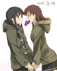 Rule 34 | 10s, 2015, 2girls, bad id, bad pixiv id, black eyes, black hair, bow, braid, brown eyes, brown hair, candy, chocolate, chocolate heart, dated, food, food in mouth, heart, highres, jacket, kantai collection, kisetsu, kitakami (kancolle), mouth hold, multiple girls, ooi (kancolle), simple background, skirt, sweatdrop, valentine, white background, yuri