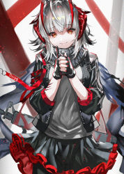 Rule 34 | 1girl, arknights, black gloves, black jacket, black skirt, brown eyes, commentary request, cowboy shot, fingerless gloves, gloves, grey shirt, hands up, highres, horns, jacket, long sleeves, looking at viewer, miniskirt, nail polish, own hands together, ran&#039;ou (tamago no kimi), red nails, shirt, short hair, silver hair, skirt, smile, solo, w (arknights)