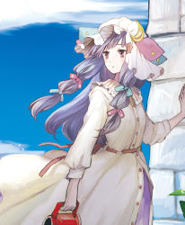 Rule 34 | 1girl, bow, crescent, dress, female focus, hair bow, highres, long hair, outdoors, patchouli knowledge, purple eyes, purple hair, sky, solo, sugi, touhou, watering can, wind