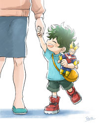Rule 34 | 1boy, 1girl, aged down, all might, artist name, bag, blue skirt, boku no hero academia, character doll, child, commentary request, doll, freckles, green footwear, green hair, green shorts, grey background, holding, holding doll, holding hands, long sleeves, midoriya inko, midoriya izuku, mother and son, open mouth, pero (pero56870578), red footwear, shorts, skirt, smile, white footwear