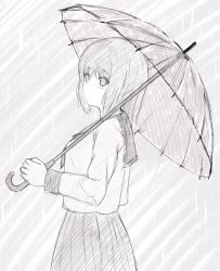Rule 34 | 1girl, 7 calpis 7, blush, closed mouth, commentary request, greyscale, hair between eyes, highres, holding, holding umbrella, long sleeves, looking at viewer, looking to the side, monochrome, original, pleated skirt, rain, sailor collar, school uniform, serafuku, skirt, solo, transparent, transparent umbrella, umbrella