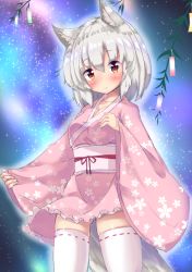 Rule 34 | 1girl, :&gt;, alternate costume, animal ears, aura, bamboo, blush, breasts, cherry blossoms, cleavage, commentary request, cowboy shot, cropped legs, floral print, frilled kimono, frills, hair between eyes, hand on own chest, head tilt, inubashiri momiji, japanese clothes, kimono, looking at viewer, night, obi, onomiya, outdoors, red eyes, ribbon-trimmed legwear, ribbon trim, sash, short hair, short kimono, silver hair, sky, sleeves past wrists, small breasts, smile, solo, standing, star (sky), starry sky, tail, tanabata, tanzaku, thighhighs, touhou, white thighhighs, wolf ears, wolf tail, yukata, zettai ryouiki