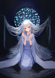 Rule 34 | 1girl, absurdres, blue kimono, blunt bangs, commentary request, grey hair, hands up, highres, ichika (ichika87), japanese clothes, kimono, long hair, looking at viewer, original, parted lips, red eyes, seiza, short sleeves, sitting, solo, very long hair, wide sleeves
