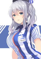 Rule 34 | 10s, 1girl, beret, blue eyes, blush, breasts, commentary request, dyson (edaokunnsaikouya), employee uniform, hat, kantai collection, kashima (kancolle), large breasts, lawson, long hair, looking at viewer, name tag, open mouth, shirt, sidelocks, silver hair, smile, solo, striped clothes, striped shirt, tsurime, twintails, uniform, vertical-striped clothes, vertical-striped shirt, wavy hair