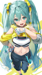 Rule 34 | 1girl, aqua eyes, daidou (demitasse), hatsune miku, highres, long hair, looking at viewer, navel, open mouth, solo, standing, twintails, vocaloid