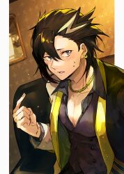 Rule 34 | 1boy, absurdres, black hair, black pants, black shirt, border, collarbone, couch, earrings, fate/grand order, fate (series), fingernails, gold necklace, grey hair, hair between eyes, highres, hoop earrings, indoors, jacket, jewelry, male focus, mandricardo (fate), mirror, multicolored clothes, multicolored hair, multicolored jacket, necklace, pants, pectoral cleavage, pectorals, pointing, pointing at self, shirt, short hair, sitting, solo, streaked hair, sweatdrop, tumikilondon5, two-tone jacket, white border