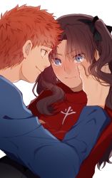 Rule 34 | 1boy, 1girl, black hair, black ribbon, blue eyes, blue sweater, closed mouth, commentary request, creat (kuribeni), crying, crying with eyes open, emiya shirou, eyes visible through hair, fate/stay night, fate (series), hair ribbon, highres, long sleeves, red hair, red sweater, ribbon, simple background, sweater, tears, tohsaka rin, twintails, white background, wiping tears, yellow eyes