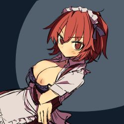 Rule 34 | 1girl, apron, blush, bra, breast hold, breasts, breasts out, female focus, large breasts, looking at viewer, maid, maid apron, maid headdress, nipples, ootorii bisetsu, red eyes, red hair, solo, underwear