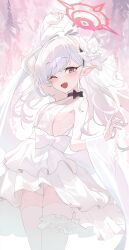 Rule 34 | 1girl, absurdres, alternate costume, arm up, bare shoulders, black choker, blue archive, blush, breasts, bridal garter, choker, commentary request, dress, fang, flower, frilled dress, frills, grey hair, hair flower, hair ornament, halo, hand up, highres, kabedoru, leotard, long hair, looking at viewer, mutsuki (blue archive), one eye closed, open mouth, pointy ears, purple eyes, red halo, sleeveless, sleeveless dress, small breasts, smile, solo, thighhighs, white dress, white flower, white leotard, white thighhighs